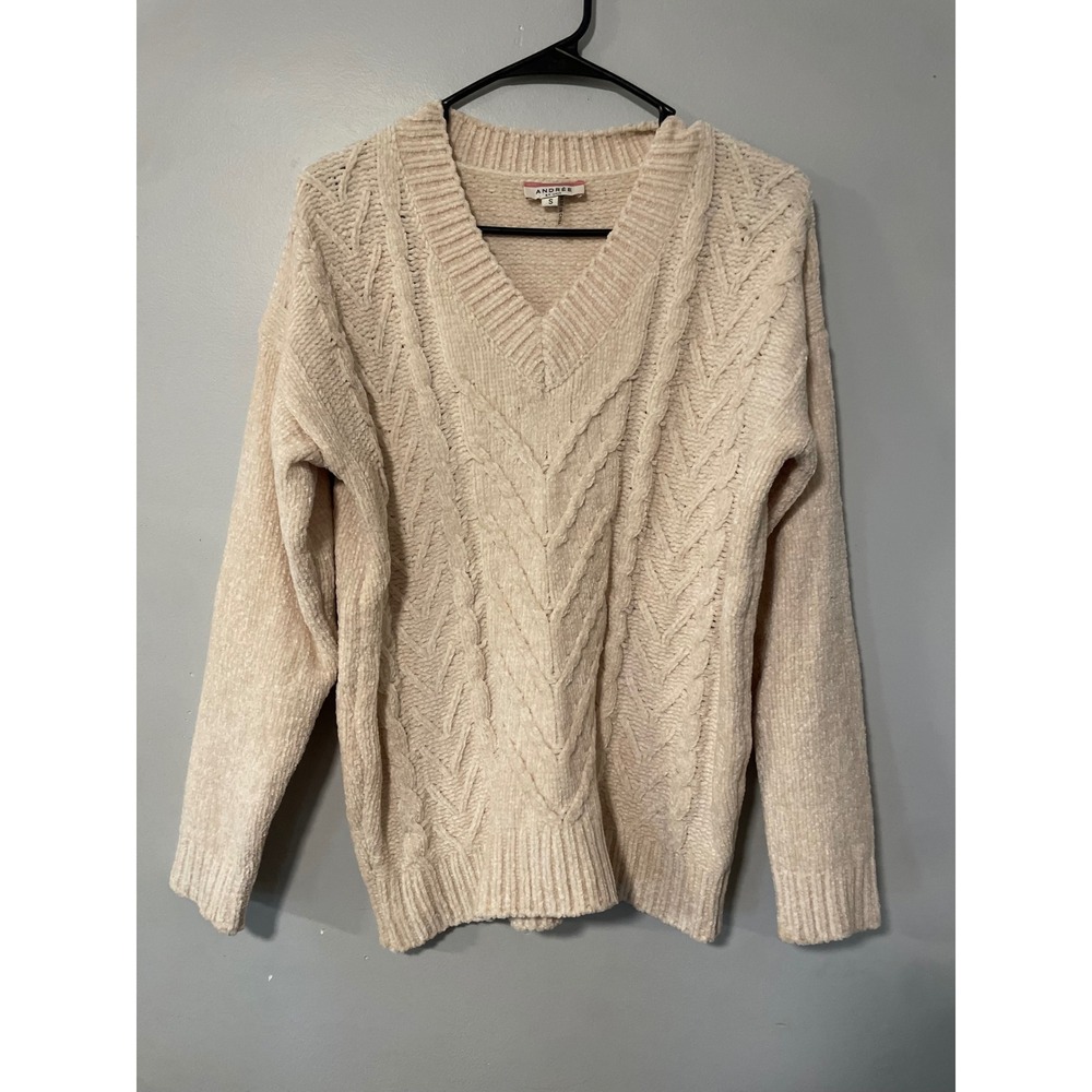 Andree by Unit Chenille Cable Knit Sweater Cream Beige V-Neck 17718 Small